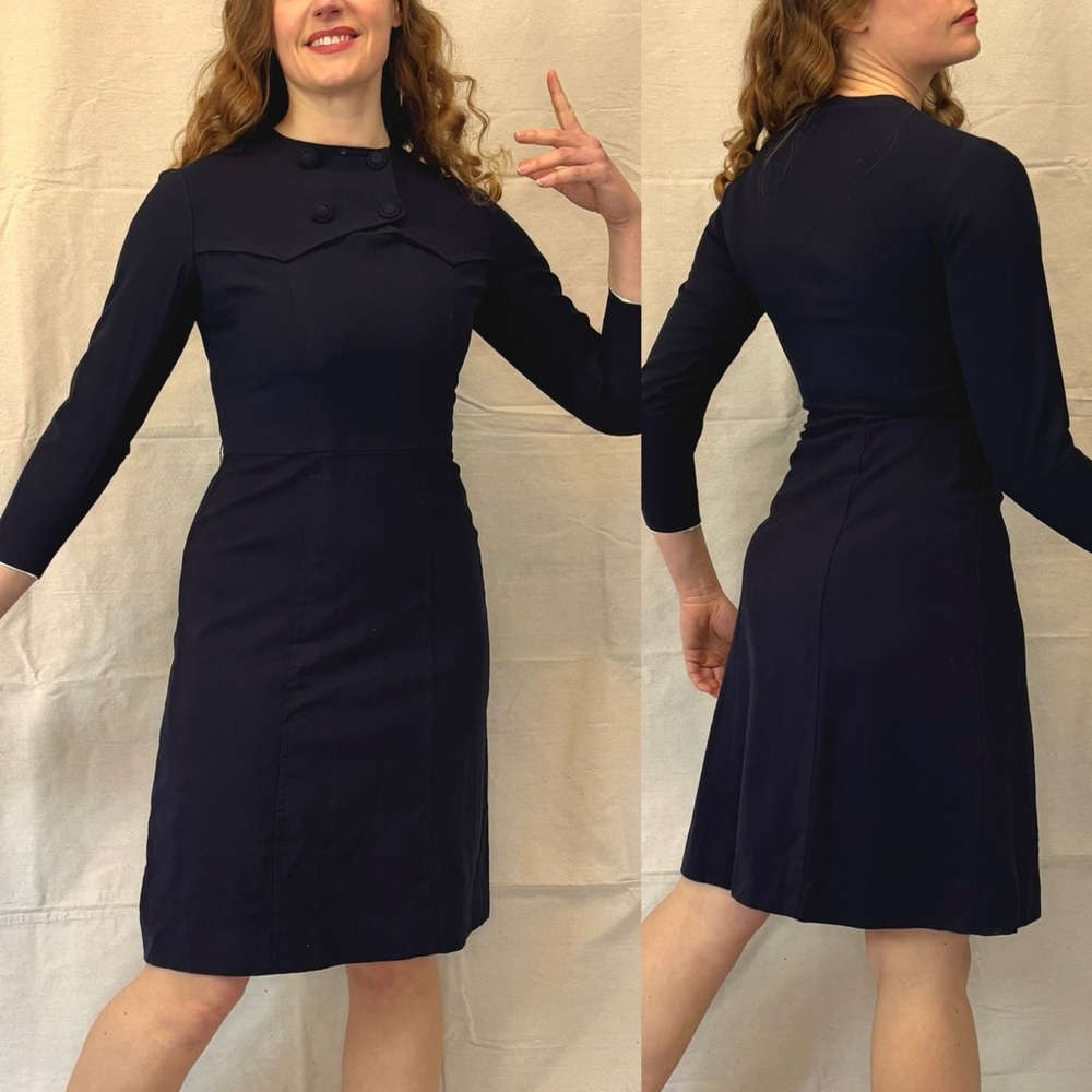 Vtg 40s Navy Blue Wool Fabric Covered Button Long Sleeve Wool Sheath Dress S/M